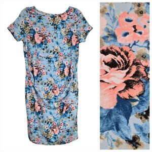 PINKBLUSH Maternity Blue Floral Fitted Bodycon Midi Dress Jacquard Knit Stretchy